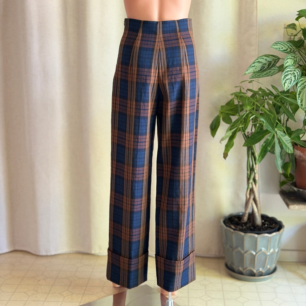 Zara Woman Plaid Wide Leg Pants Brown Blue High Waisted Cuffed Trousers XS - Picture 4 of 7